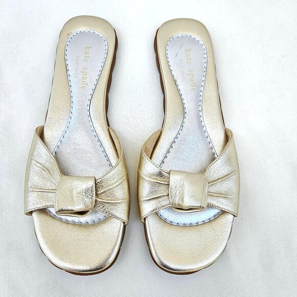 Kate Spade Made in Italy Gold Love Knot Slide Sandals Sz 6B Excellent Condition - Picture 2 of 7